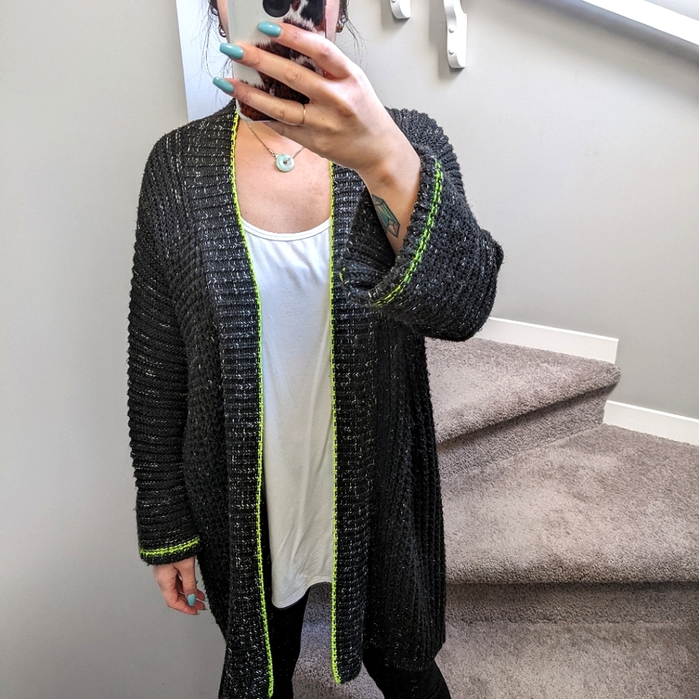 Chunky knit cardigan. Black long cardigan with yellow accents